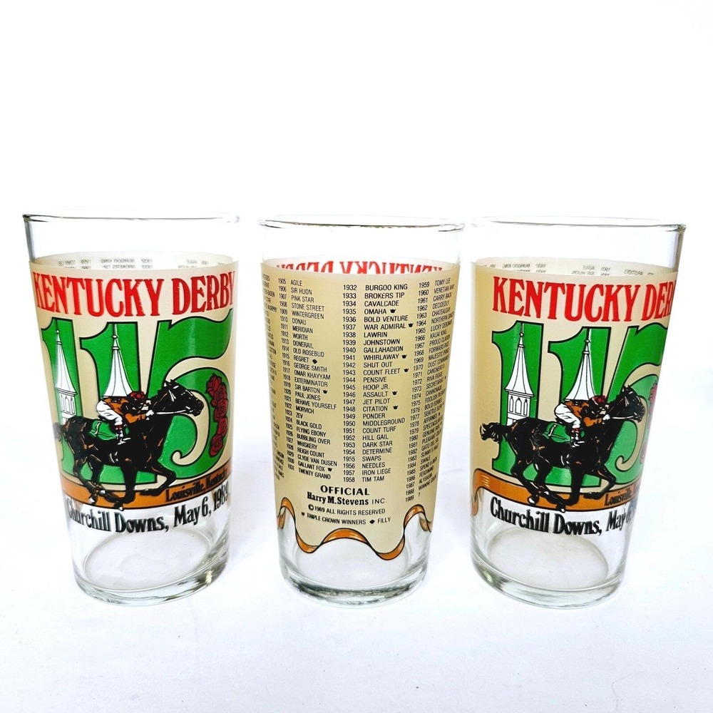 1989 Kentucky Derby 115 Mint Julep Glasses Set of 3 Churchill Downs Horse Racing